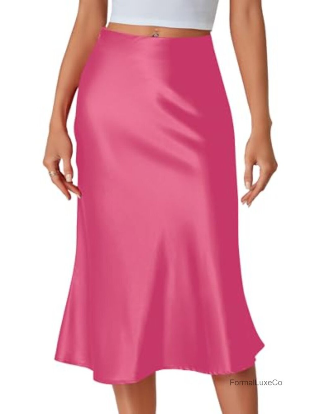 Satin Silky Midi Skirt High Waist Flowy Ruffle A-Line Business Casual
